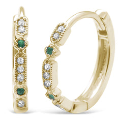 GEMSTONE CLOSEOUT!  .10ct G SI 14KT Yellow Gold Diamond & Emerald Hoop Huggie Earrings