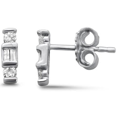 .18ct G SI 14K White Gold Diamond Round & Baguette Line Stud Earrings
