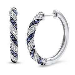 SPECIAL! 1.19ct G SI 14K White Gold Diamond & Blue Sapphire Gemstone Post & Click Hoop Earrings