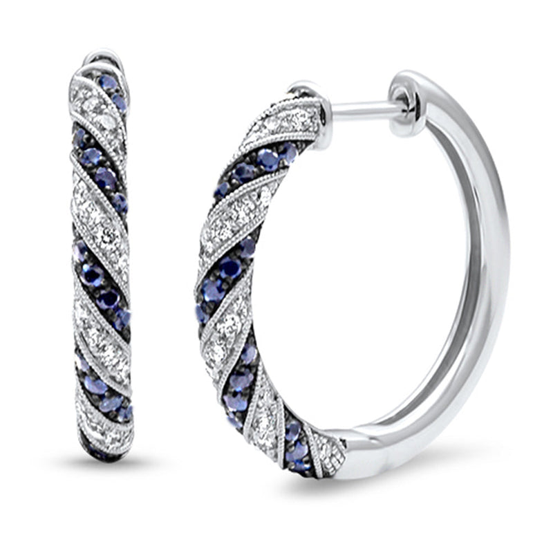SPECIAL! 1.19ct G SI 14K White Gold Diamond & Blue Sapphire Gemstone Post & Click Hoop Earrings