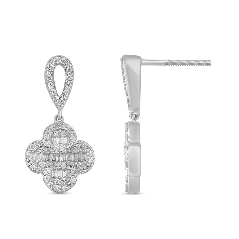DIAMOND CLOSEOUT!  .70ct G SI 14K White Gold Diamond Round & Baguette Clover Drop Earrings