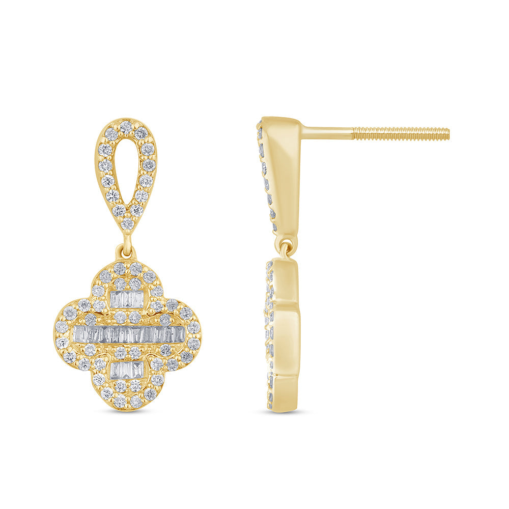 DIAMOND CLOSEOUT!  .69ct G SI 14K Yellow Gold Diamond Round & Baguette Clover Drop Earrings