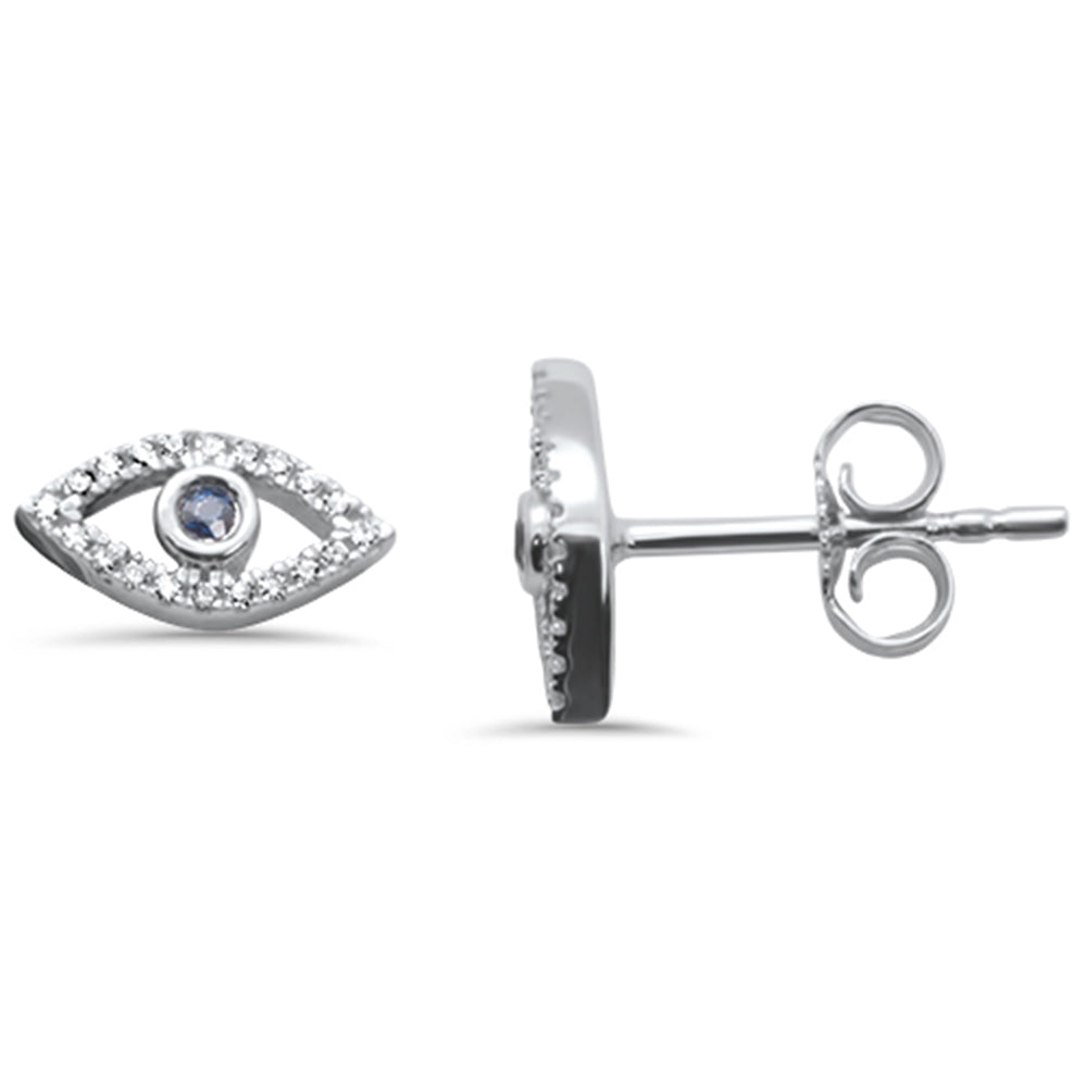 .11ct G SI 14K White Gold Blue Sapphire Gemstone & Diamond Evil Eye Push Back Earrings