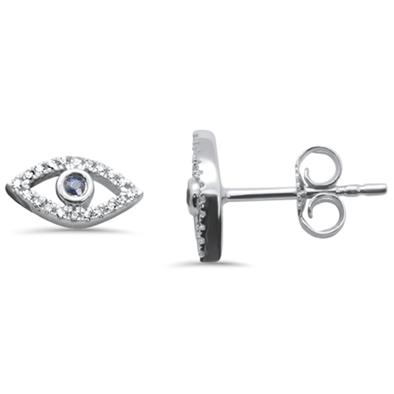 .11ct G SI 14K White Gold Blue Sapphire Gemstone & Diamond Evil Eye Push Back Earrings