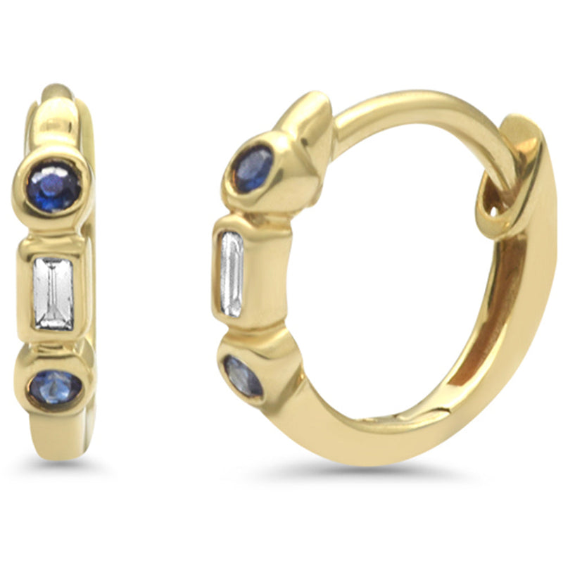 .10ct G SI 14K Yellow Gold Diamond & Blue Sapphire Gemstone Petite Hoop Earrings Push Back