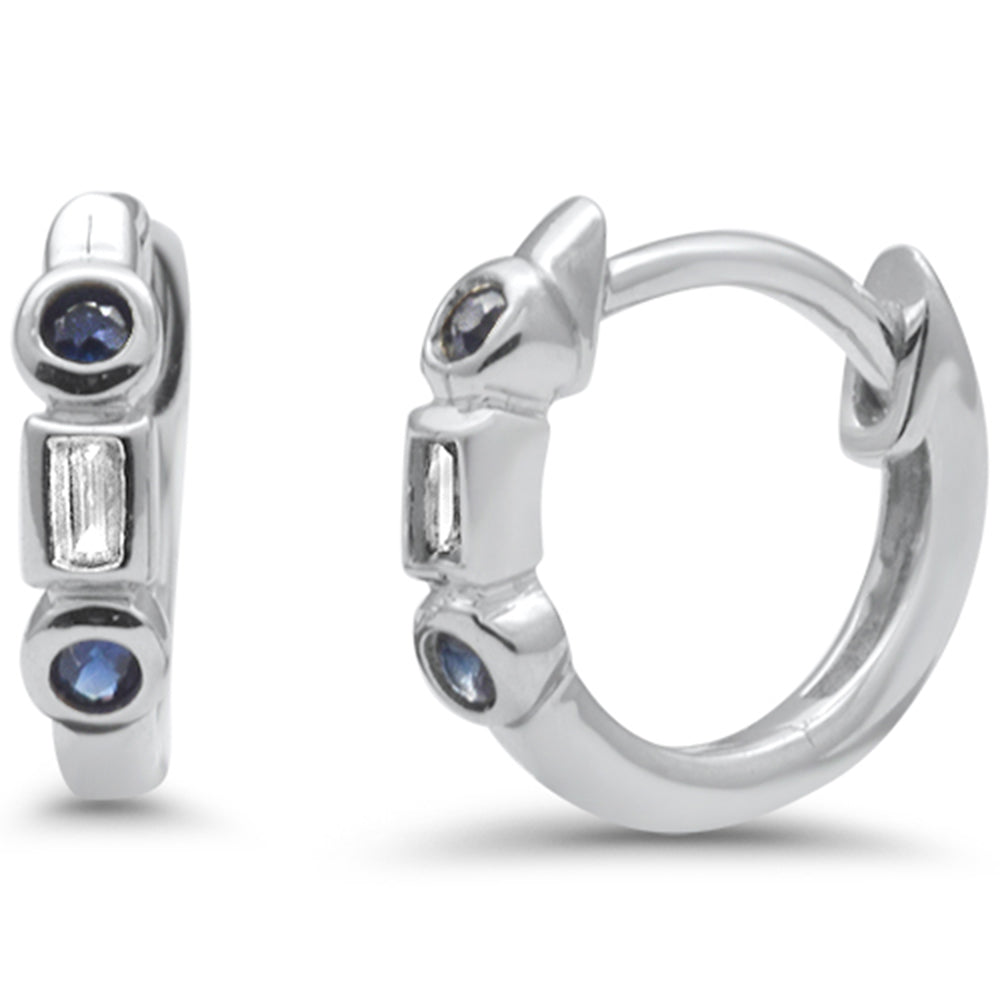 .10ct G SI 14K White Gold Diamond & Blue Sapphire Gemstone Petite Hoop Earrings Post & Click