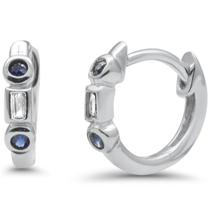 .10ct G SI 14K White Gold Diamond & Blue Sapphire Gemstone Petite Hoop Earrings Post & Click