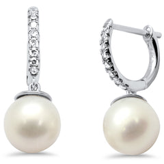 SPECIAL! .10CT G SI 14K White Gold Diamond Dangling Pearl Earrings