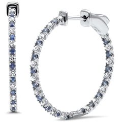 SPECIAL!1.17ct G SI 14K White Gold Diamond & Blue Sapphire Hoop Earrings