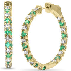SPECIAL! 1.99ct G SI 14K Yellow Gold Diamond & Green Emerald Hoop Earrings
