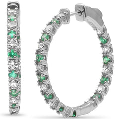 SPECIAL! 1.95ct G SI 14K White Gold Diamond & Green Emerald Hoop Earrings
