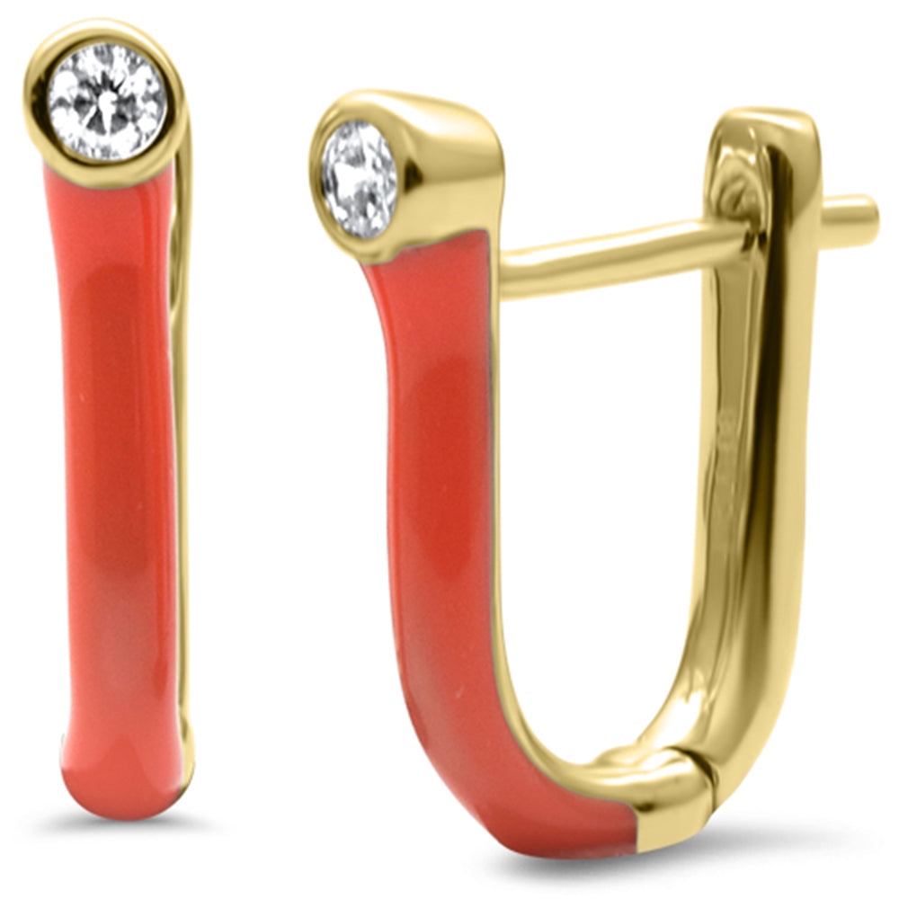 .08ct G SI 14K Yellow Gold Diamond Orange Enamel Hoop Earrings