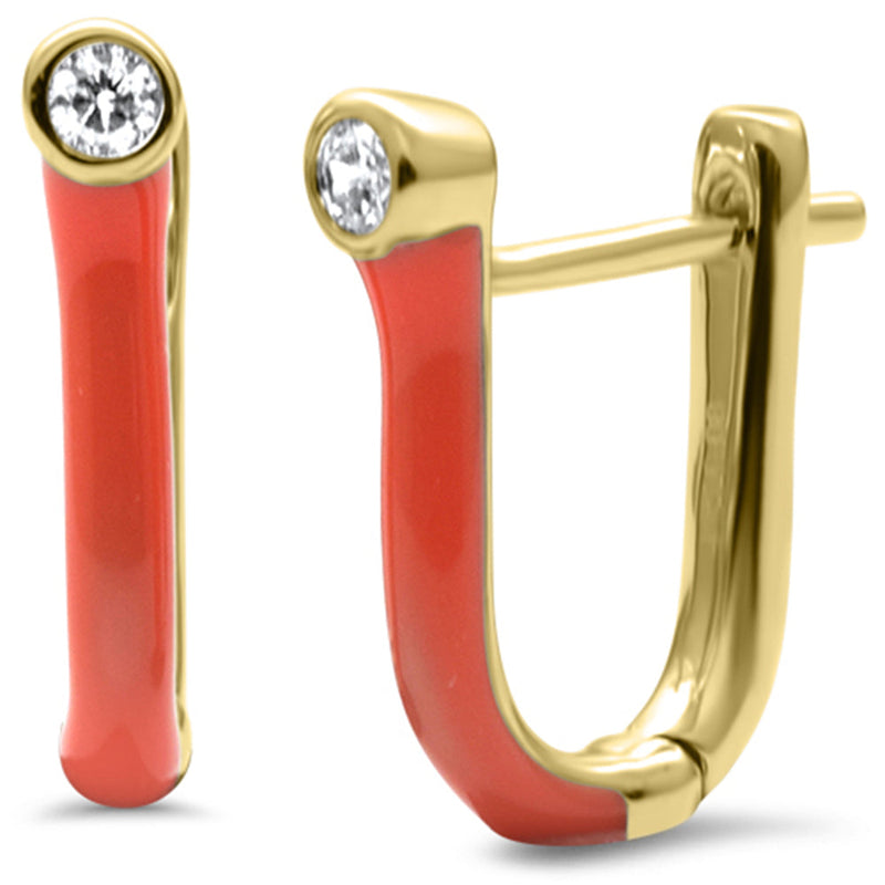 .08ct G SI 14K Yellow Gold Diamond Orange Enamel Hoop Earrings