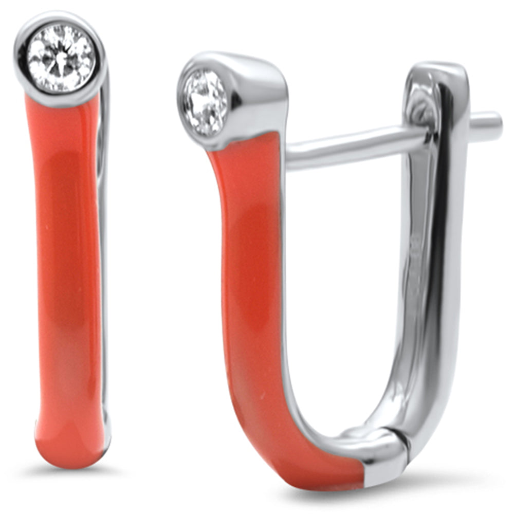 .08ct G SI 14K White Gold Diamond & Orange Enamel Hoop Earrings