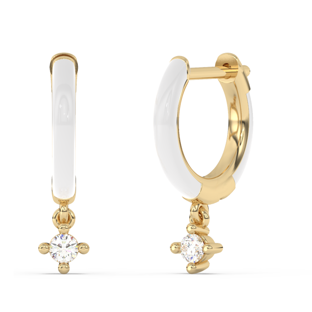 .07ct G SI 14K Yellow Gold Diamond & White Enamel Hoop Earrings