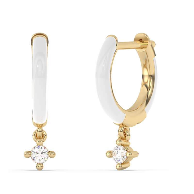 .07ct G SI 14K Yellow Gold Diamond & White Enamel Hoop Earrings