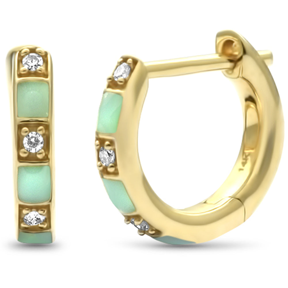 .04ct G SI 14K Yellow Gold Diamond & Turquoise Enamel Hoop Earrings