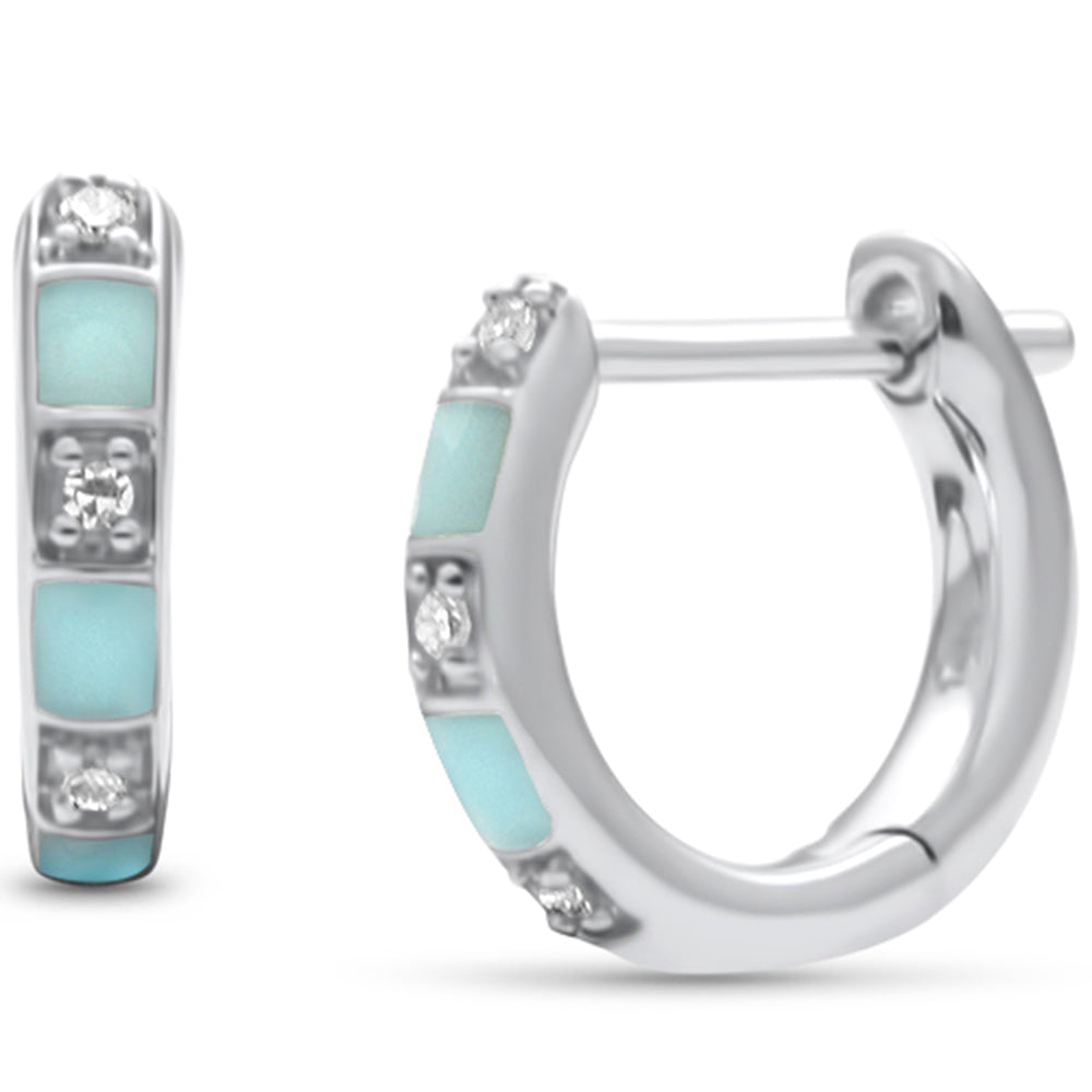 .04ct G SI 14K White Gold Petite Diamond & Turquoise Enamel Hoop Earrings