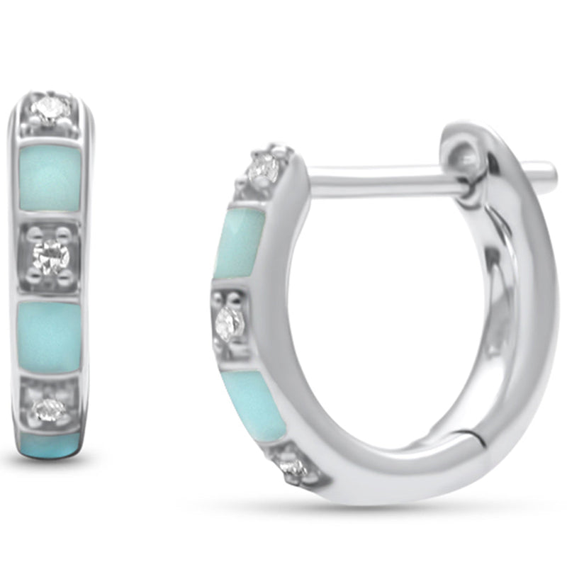 .04ct G SI 14K White Gold Petite Diamond & Turquoise Enamel Hoop Earrings