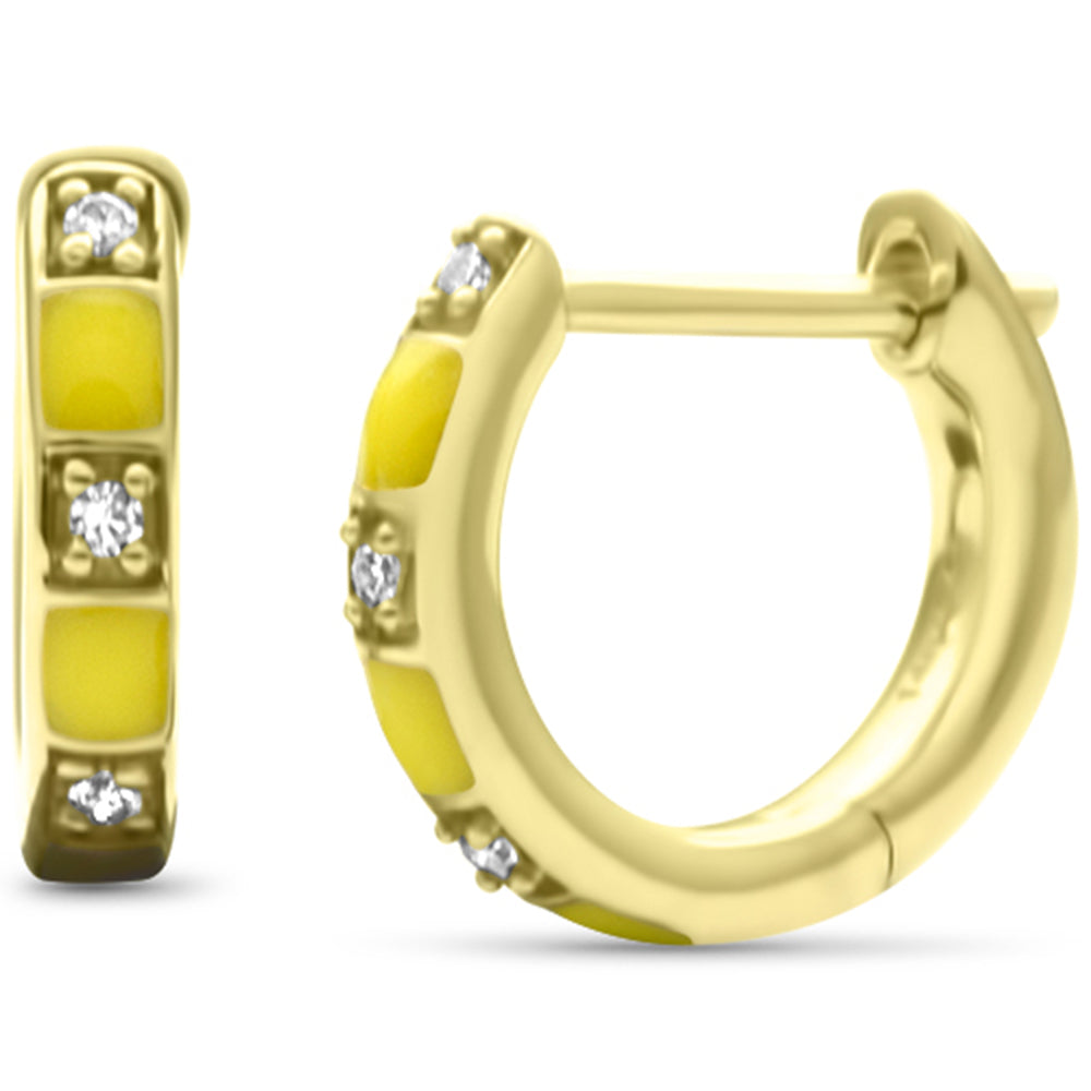 .03ct G SI 14K Yellow Gold Diamond & Yellow Enamel Petite Hoop Earrings
