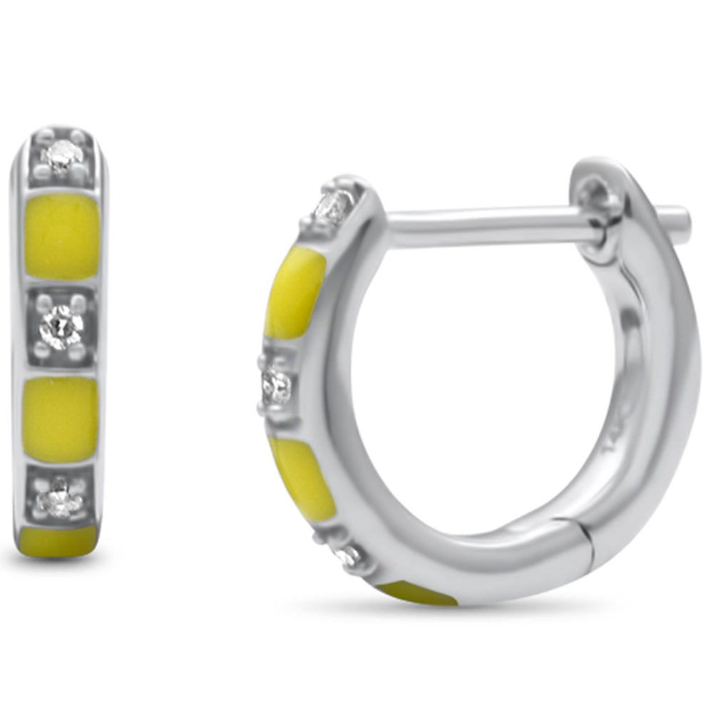 .04ct G SI 14K White Gold Diamond & Yellow Enamel Hoop Earrings