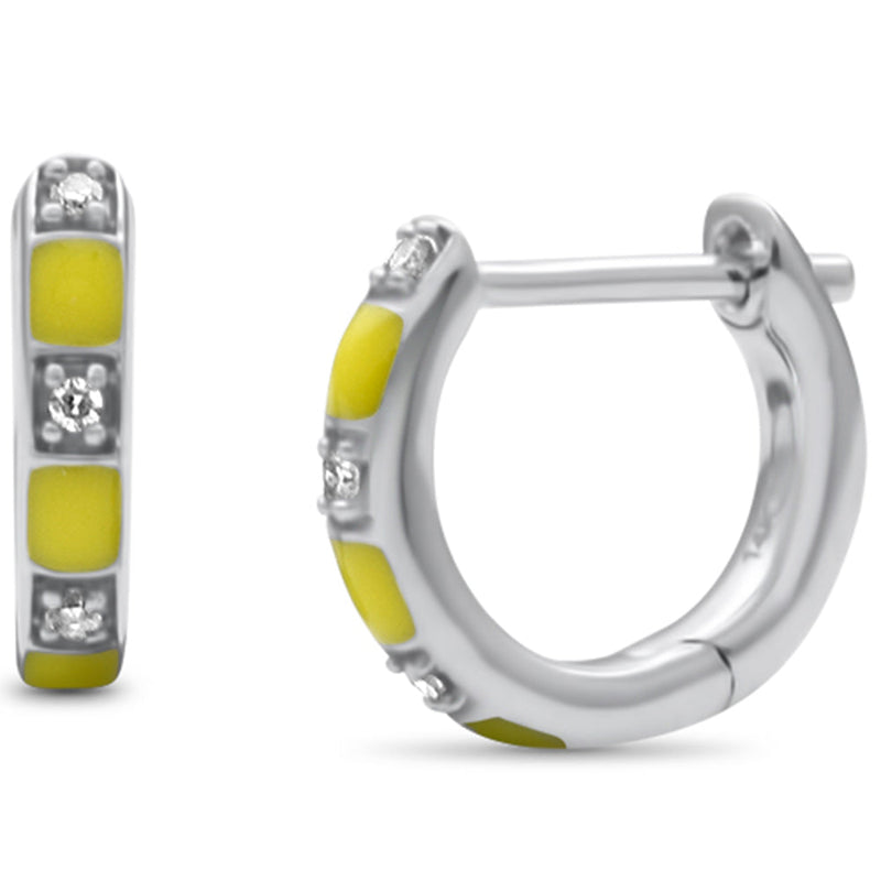 .04ct G SI 14K White Gold Diamond & Yellow Enamel Hoop Earrings