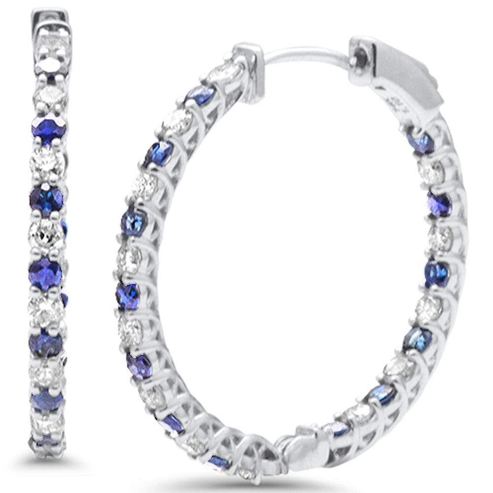 SPECIAL! 2.18ct G SI 14K White Gold Diamond & Blue Sapphire Hoop Earrings Post&Click