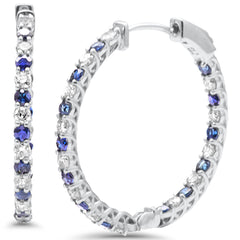 SPECIAL! 2.18ct G SI 14K White Gold Diamond & Blue Sapphire Hoop Earrings Post&Click