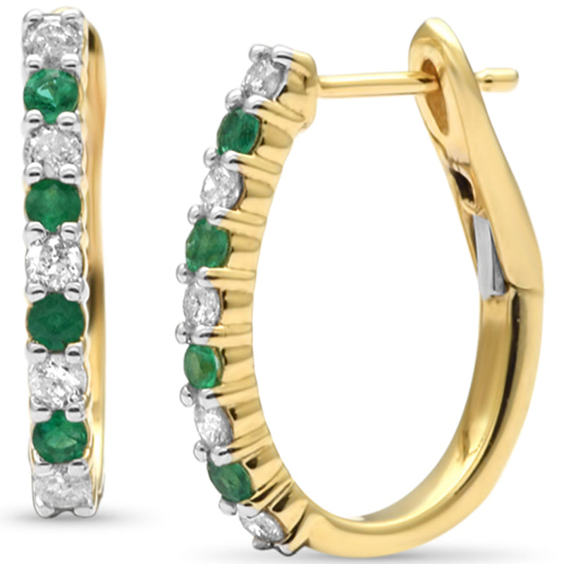 SPECIAL! .52ct  G SI 14K Yellow Gold Diamond & Emerald J Hoop Earrings