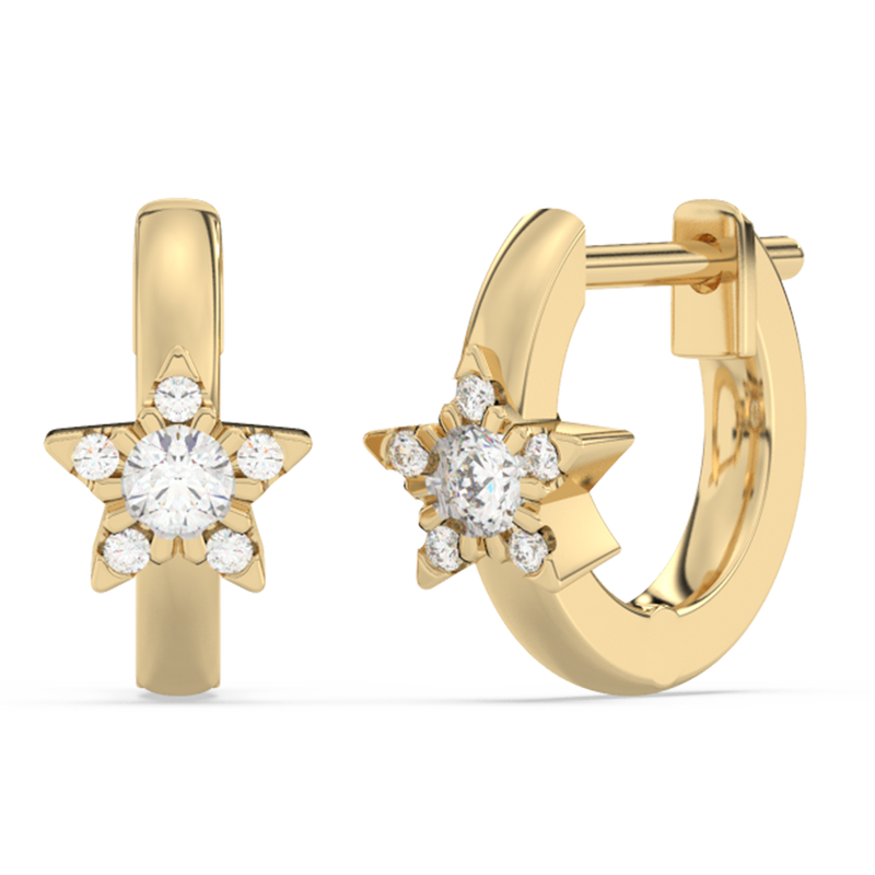 SPECIAL!.18ct G SI 14K Yellow Gold Diamond Star Petite Hoop Earrings