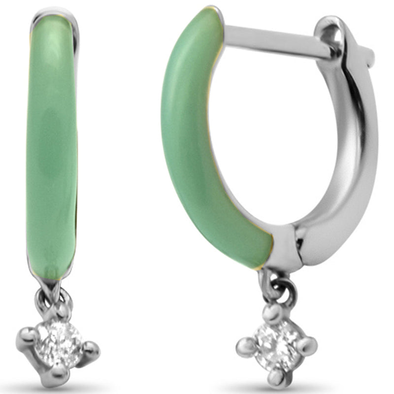 .08ct G SI 14K White Gold Diamond & Turquoise Enamel Hoop Earrings