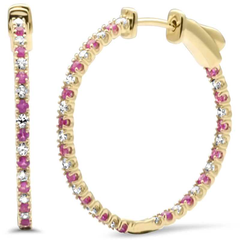 SPECIAL! 1.10ct G SI 14K Yellow Gold Diamond & Ruby Gemstones Hoop Earrings