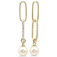 SPECIAL! .10ct G SI 14K Yellow Gold Diamond Pearl Paper Clip Drop Earrings