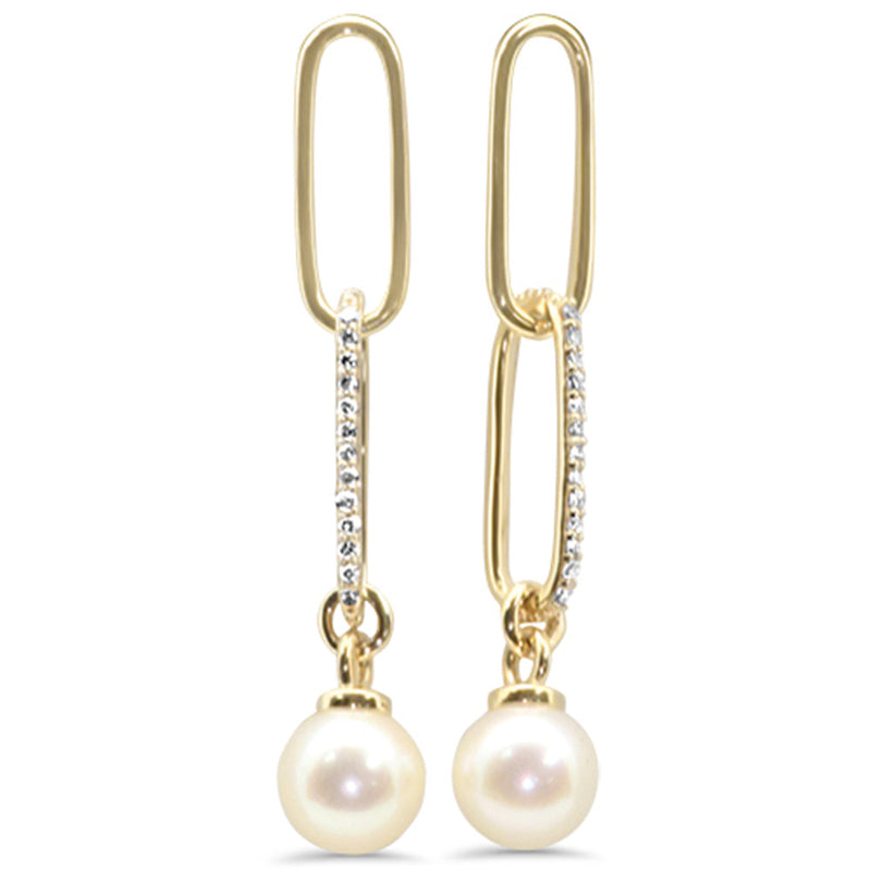 SPECIAL! .10ct G SI 14K Yellow Gold Diamond Pearl Paper Clip Drop Earrings