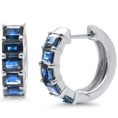 SPECIAL! 2.80ct G SI 14K White Gold Emerald Cut Blue Sapphire Gemstones Hoop Huggie Earrings