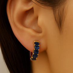SPECIAL! 2.80ct G SI 14K Yellow Gold Emerald Cut Blue Sapphire Gemstones Hoop Huggie Earrings