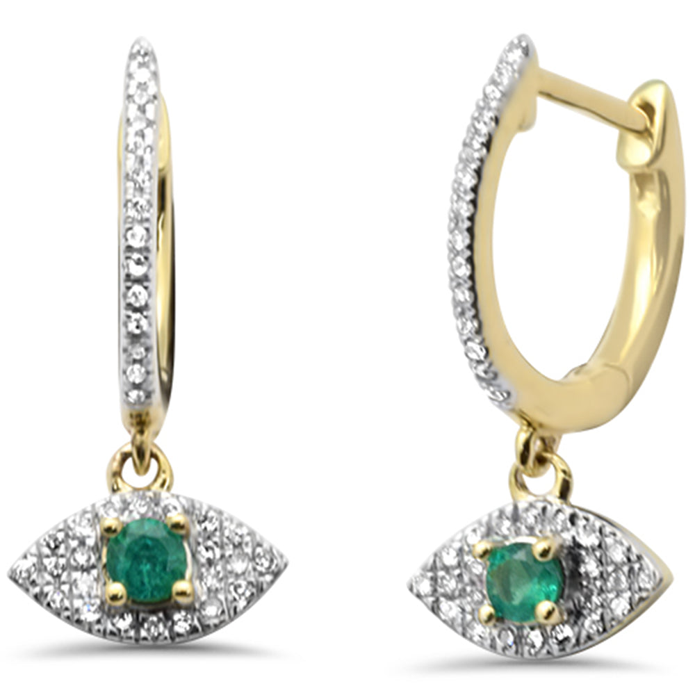 SPECIAL!.35ct G SI 14K Yellow Gold Diamond & Emerald Gemstones Evil Eye Hoop Dangling Earrings