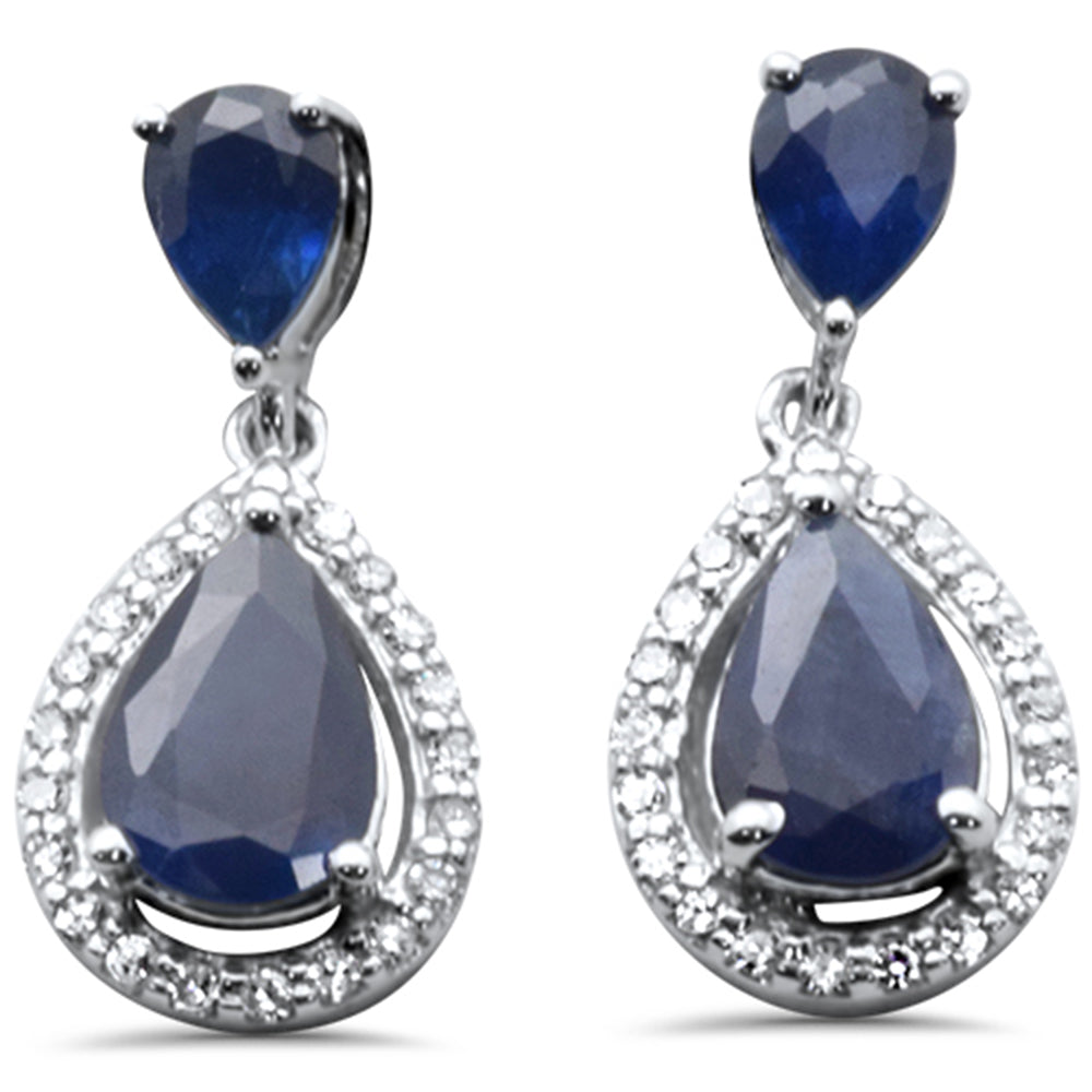 SPECIAL!1.23ct G SI 14K White Gold Diamond Pear Shape & Blue Sapphire Gemstones Earrings