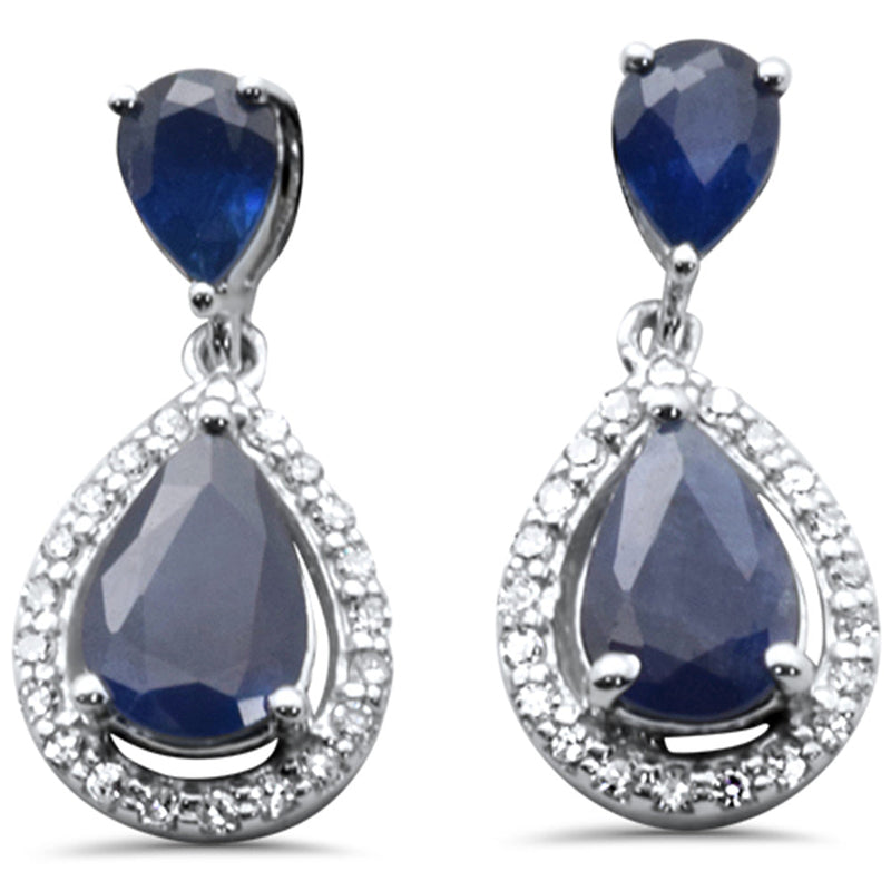 SPECIAL!1.23ct G SI 14K White Gold Diamond Pear Shape & Blue Sapphire Gemstones Earrings