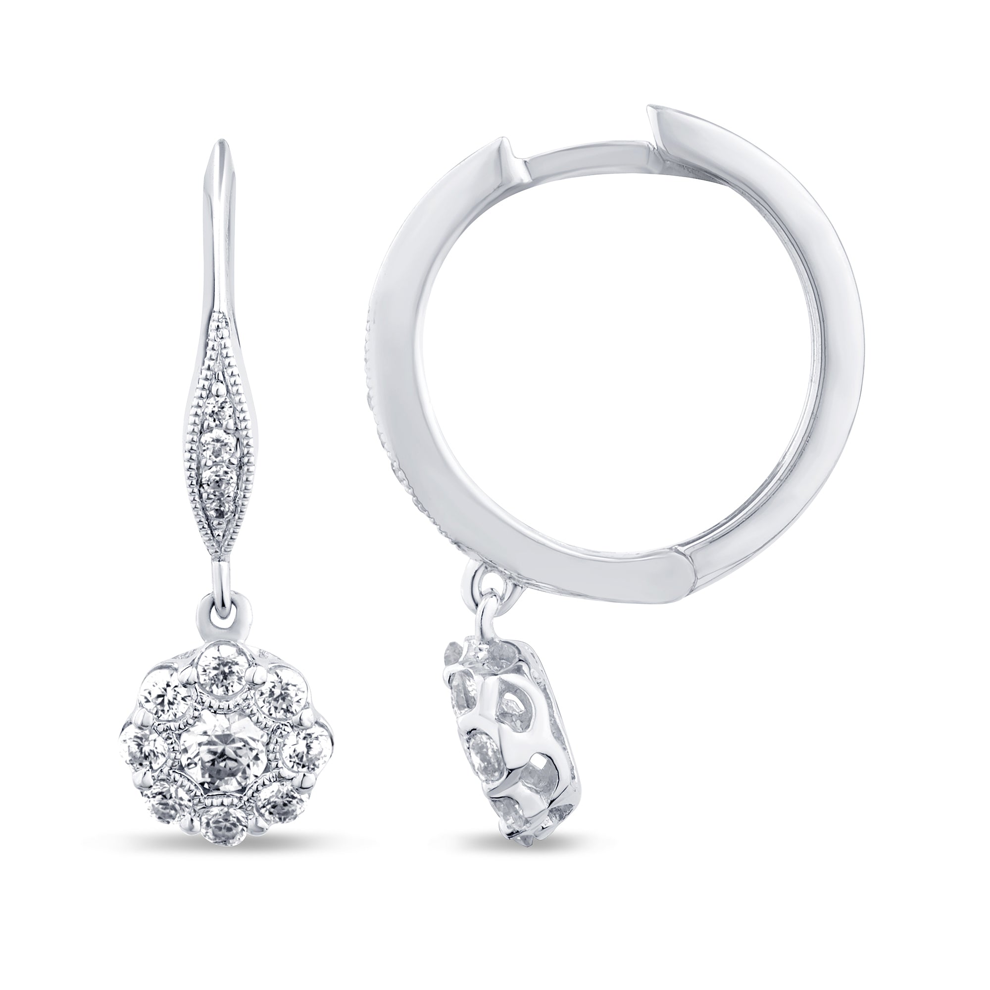 SPECIAL! .53ct G SI 14K White Gold Diamond Flower Dangling Hoop Earrings