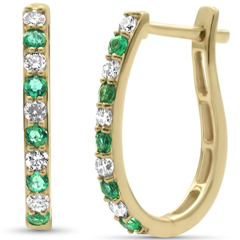 SPECIAL! .44ct G SI 14K Yellow Gold Diamond & Emerald Gemstones Hoop Earrings