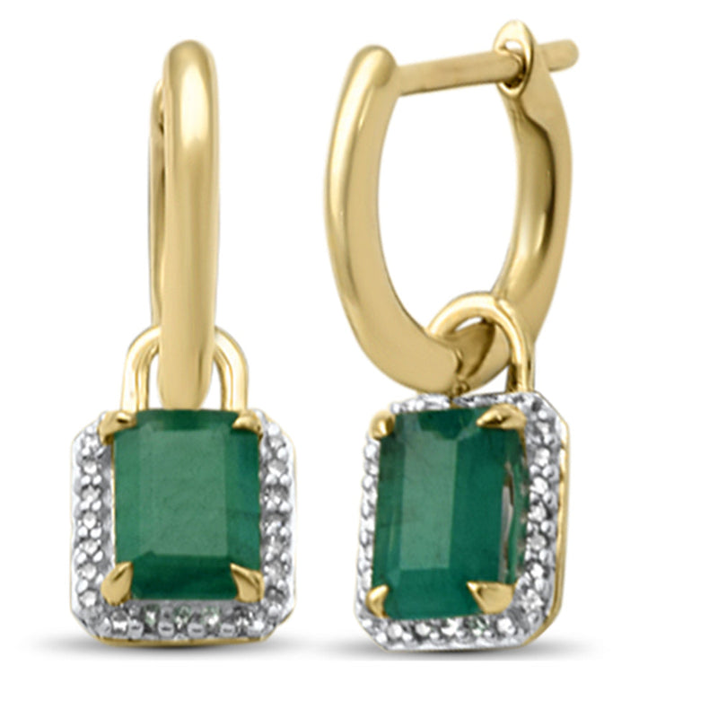 SPECIAL!1.41ct G SI 14K Yellow Gold Diamond & Emerald Gemstones Dangling Hoop Earrings