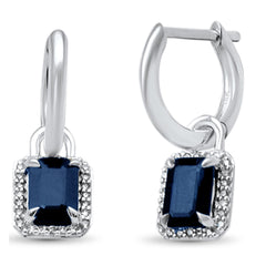 SPECIAL!1.41ct G SI 14K White Gold Diamond & Blue Sapphire Gemstones Dangling Hoop Earrings