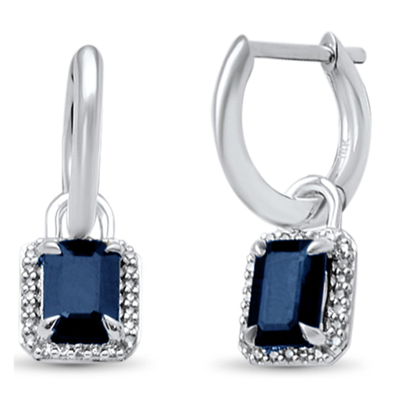 SPECIAL!1.41ct G SI 14K White Gold Diamond & Blue Sapphire Gemstones Dangling Hoop Earrings