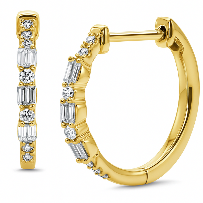 SPECIAL! .22ct G SI 14K Yellow Gold Round & Baguette Diamond Hoop Earrings