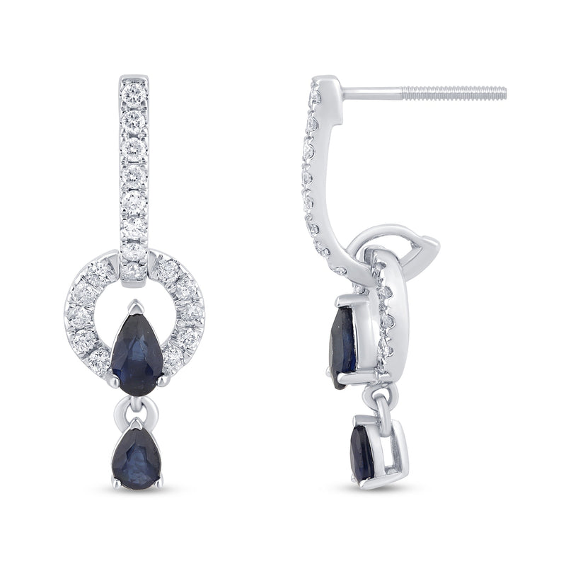 SPECIAL! 1.27ct G SI 14K White Gold Diamond & Blue Sapphire Gemstones Drop Dangle Earrings