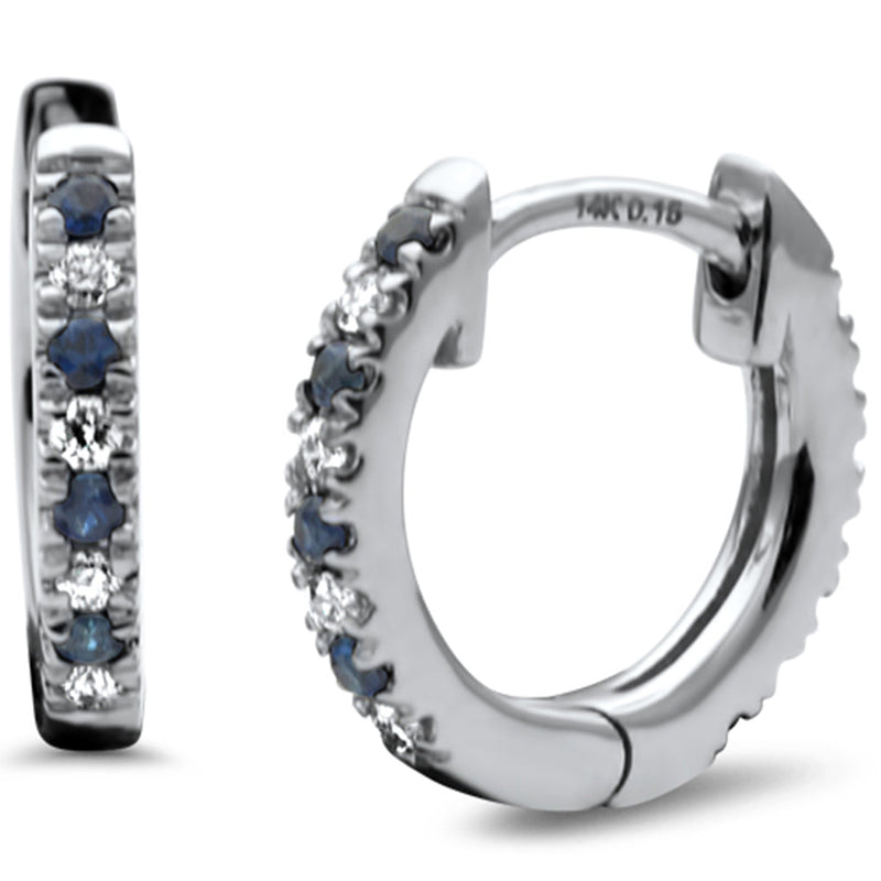 SPECIAL!.29ct G SI 14K White Gold Diamond & Blue Sapphire Gemstones Petite Hoop Earrings