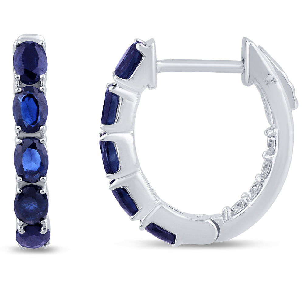 SPECIAL!1.85ct G SI 14K White Gold Diamond & Blue Sapphire Gemstones Hoop Earrings