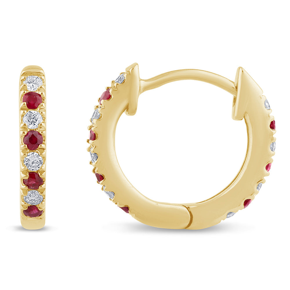 .33ct G SI 14K Yellow Gold Diamond & Ruby Gemstones Petite Hoop Earrings