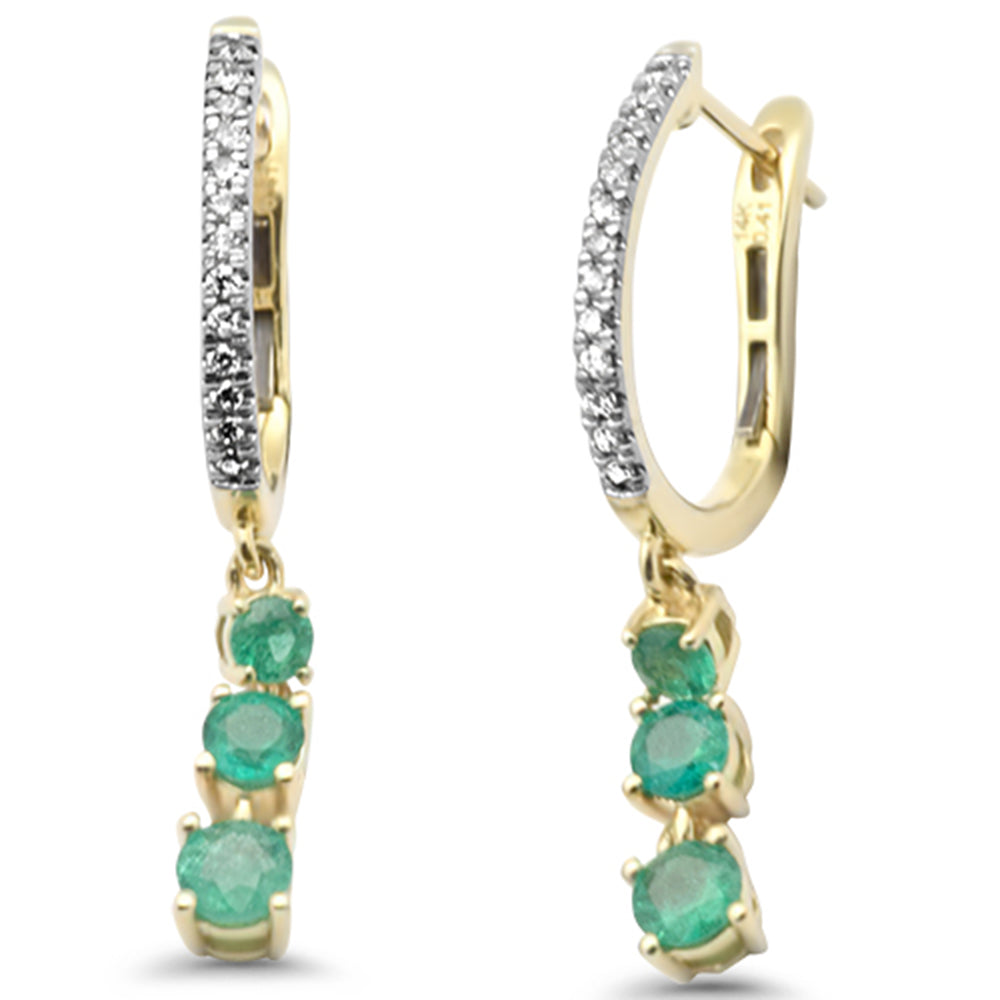 SPECIAL!.89ct G SI 14K Yellow Gold Diamond & Emerald Gemstones Drop Hoop Earrings